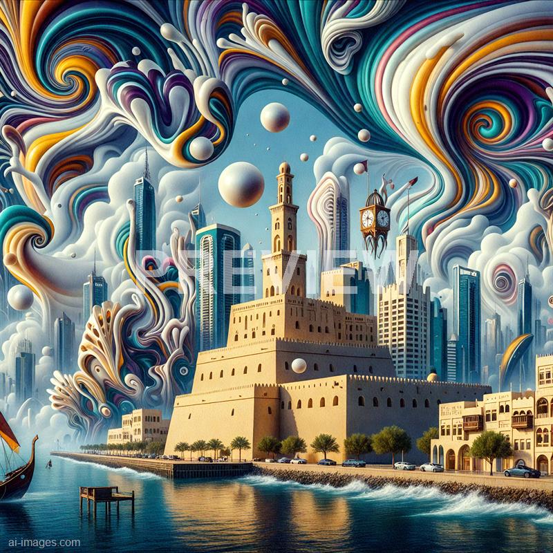 The image depicts a surreal cityscape blending modern skyscrapers with a historic fortress-like structure in the foreground. The sky above is filled with swirling, colorful clouds and floating spheres, creating a dreamlike, fantastical atmosphere. The scene combines elements of urban architecture with imaginative, abstract sky patterns, giving an otherworldly feel to the city and sky.